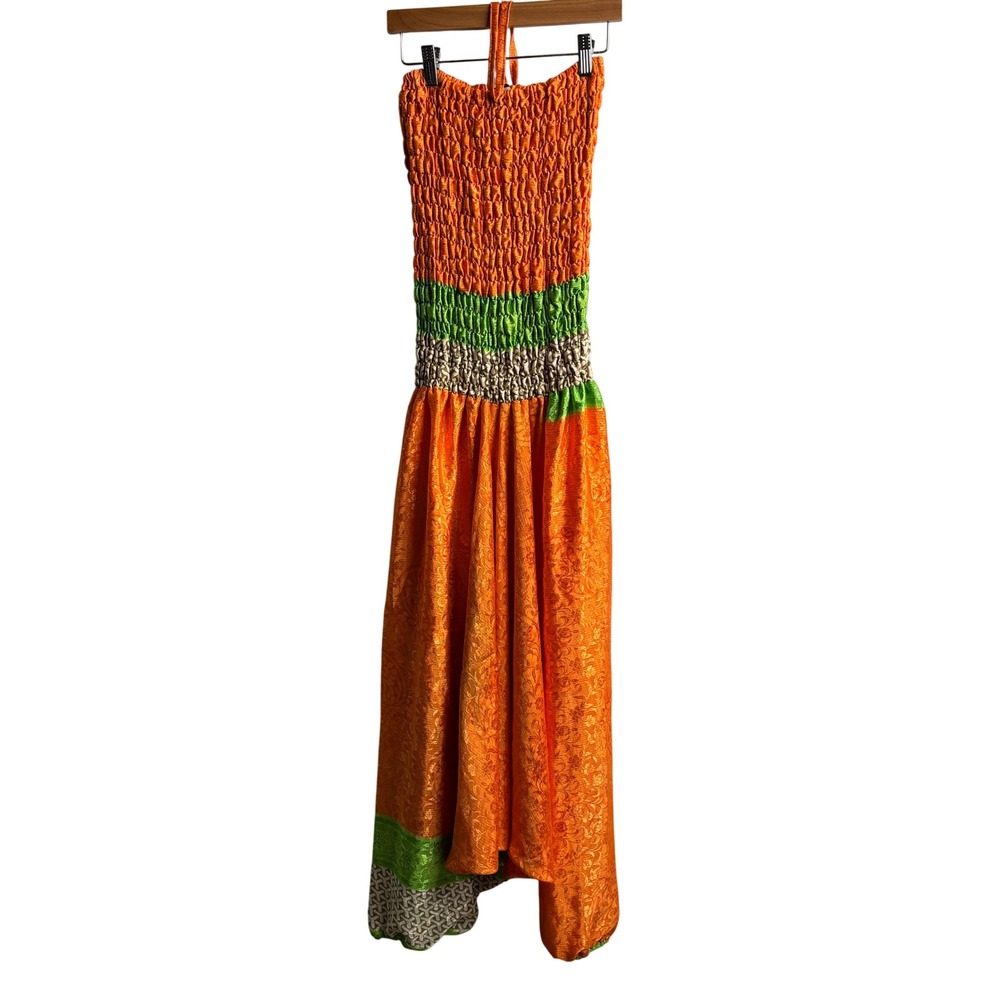 Boho Smocked Halter Harem Jumpsuit Orange Green Damask Satin OS Retro Festival